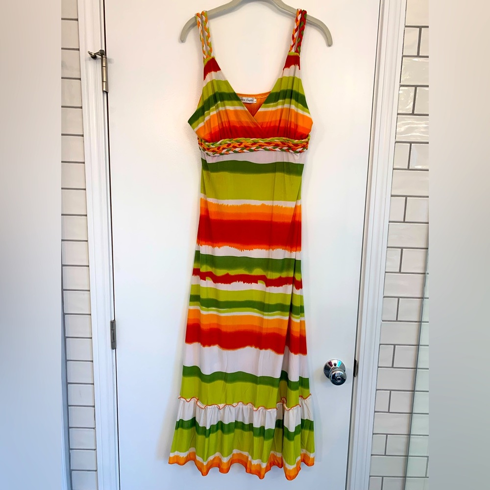 Jessica Taylor Long multi-color sleeveless, v-neck dress, braided straps, size L